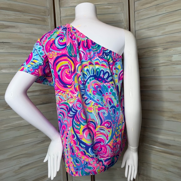 Lilly Pulitzer Fifer Silk One Shoulder Top Size Large Psychedelic Sunshine multi - Picture 4 of 10